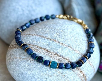 Hand-Knotted Sapphire and Apatite Bracelet, Natural Gemstone Jewelry, Stainless Steel Accents