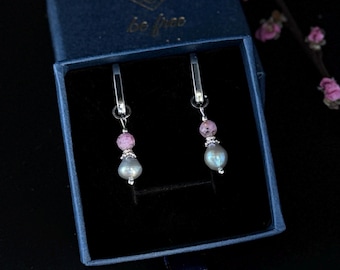 2in1 Grey Pearl Pink Ruby Earrings, 925 Sterling Silver, Minimalist Boho Jewelry