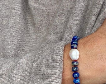 Hand knotted bracelet, Lapis Lazuli, Baroque Pearl, Stainless Steel Clasp, A Quiet Sense of Self.