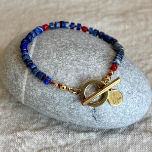 Hand Knotted Lapis Lazuli and Coral Bracelet, Stainless Steel Toggle Clasp