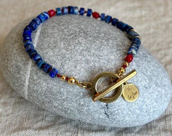 Hand Knotted Lapis Lazuli and Coral Bracelet, Stainless Steel Toggle Clasp