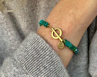 Chrysocolla Boho Statement Bracelet, Unique Cut Natural Stone, Hematite Spacers,  Stainless Steel Toggle Clasp