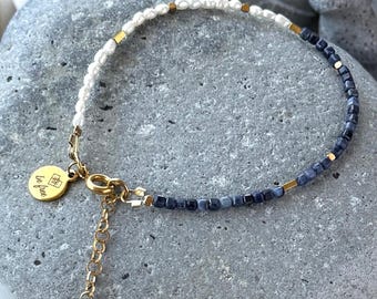 Handcrafted Sapphire and Pearl Bracelet – Natural Gemstone, Hematite, Stainless Steel Clasp