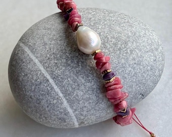 Adjustable, Boho, Pink Rhodonite & Baroque Pearl Bracelet