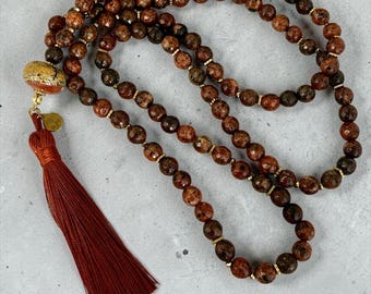 Handcrafted Bull's Eye Gemstone Mala Necklace, 108 Beads, Tassel Yoga Jewelry
