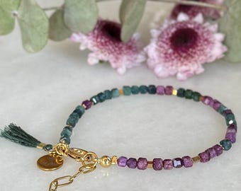 Green Tourmaline Stichtite Bracelet, Hematite Gold Tassel Jewelry