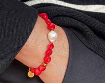 Handmade Red Coral and Baroque Pearl Bracelet, Coastal Jewelry, Stainless Steel Clasp