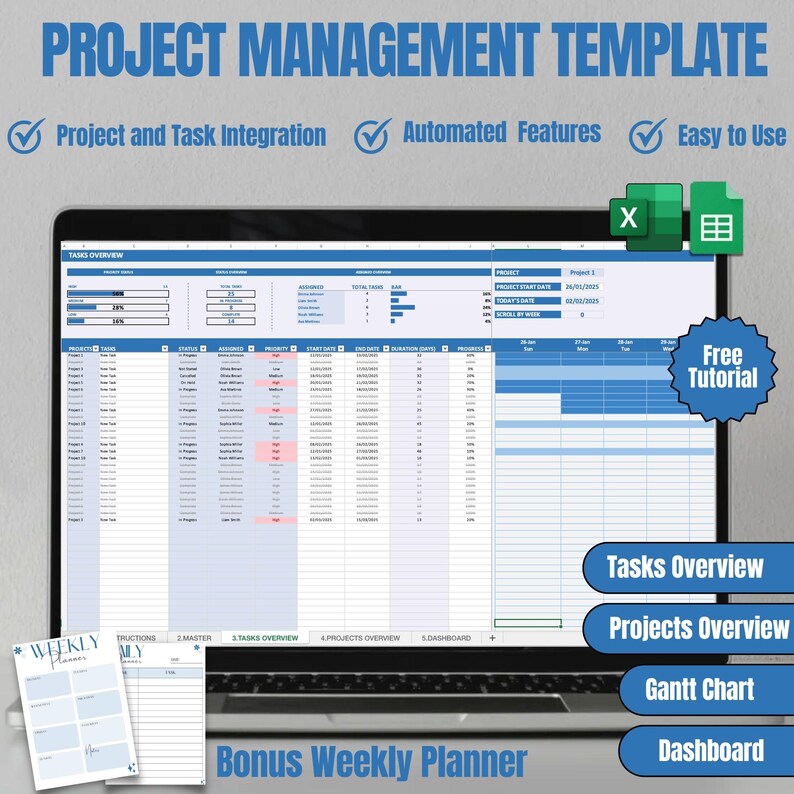 Project Task Excel Workbook Project Management Template: Excel Gantt Chart & Task Tracker (digital ...