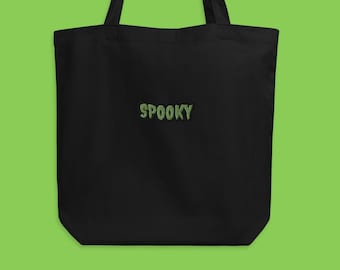 Spooky Embroidered Halloween Tote Bag Green & Black Witchy