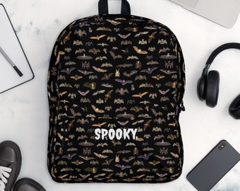 Bat Print Spooky Backpack School Bag Laptop Sleeve Halloween Creepy Spooky Custom Name Embroidery