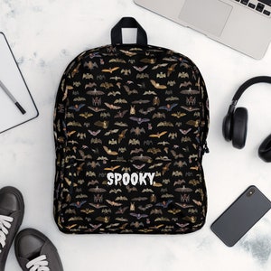 Bat Print Spooky Backpack School Bag Laptop Sleeve Halloween Creepy Spooky Custom Name Embroidery image 1