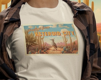 Greetings From Asteroid City Postcard Roadrunner Desert Wes Anderson Women's Tee Shirt