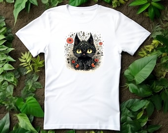 Black Cat & Poppies Flowers Witchy Women's Tee White