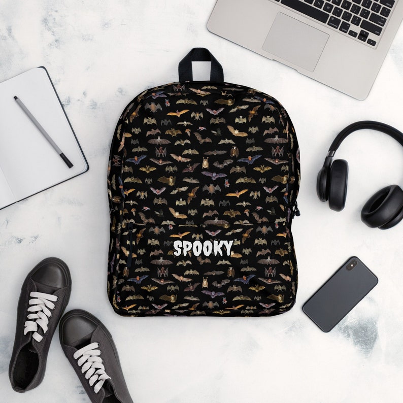 Bat Print Spooky Backpack School Bag Laptop Sleeve Halloween Creepy Spooky Custom Name Embroidery image 1