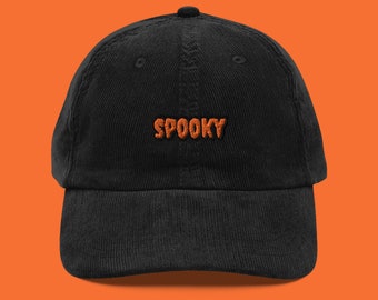 Spooky Embroidered Corduroy Dad Hat Halloween Horror Cap Orange & Black