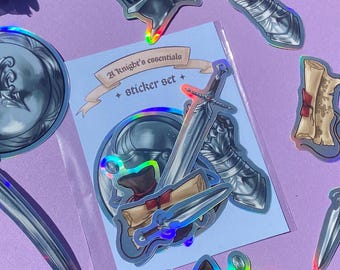 A Knight Essentials Holographic Sticker Set | Medieval Aesthetic Stickers Pack of 7, Fantasy Armor Sword Shield, fantasy Stationery Gift