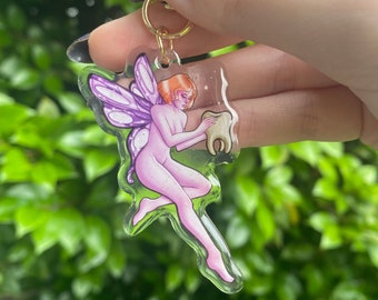 porte-clés fée des dents violet et rose avec dent, accessoire gothique fantastique, fée magique fantastique, art féerique - porte-clés époxy pailleté acrylique