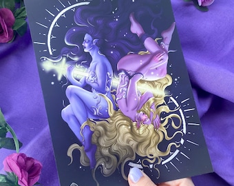 Art print of two girls pierced by luminous sword, magical cosmic fantasy, ethereal stars, mystical light, powerful dark fantasy, A5 wall art