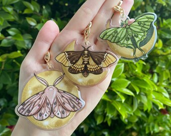 keychain moths with moon phases, crescent moon, quarter moon, full moon  - acrylic glitter epoxy keychain