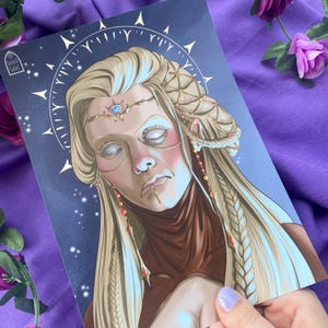 Art print portrait of blind magical seer woman, dramatic shadows, mysterious oracle, dark fantasy character, mystic vibe, A5 print gift, dnd