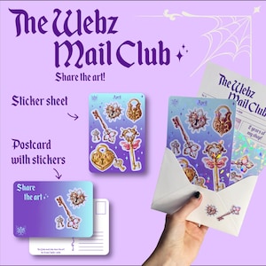 May include: A promotional image for "The Webz Mail Club" featuring a sticker sheet and postcard with stickers. The stickers and postcard showcase ornate keys and locks in gold, pink, and blue hues. The text "Share the art!" is visible.