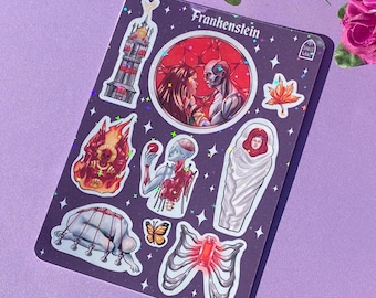Hoja de pegatinas Frankenstein 2025 A6 / Pegatinas de terror gótico / Elizabeth, Criatura, Victor, Guillermo del Toro, Inspirado, obra de arte resistente al agua