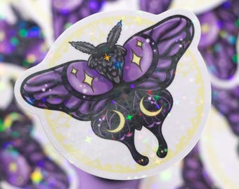 Purple Moth Holographic Vinyl Sticker with Crescent Moon & Stars, Iridescent Celestial Decal for Laptop, Water Bottle, Phone, accessories