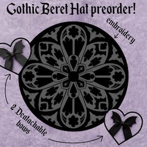 Gothic Bestickter Barett-Hut mit abnehmbaren Dekor Bögen | Fledermaus Flügel Lolita Barett | Dark Academia Hexenhut | Wolle Gothic Fashion Vorbestellung