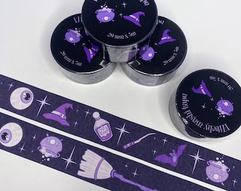 Witchy Purple and Black Washi Tape - 20mm Magic Themed Craft Tape - Gothic Scrapbooking Tape - Perfect for Journals and Witchcraft Projects