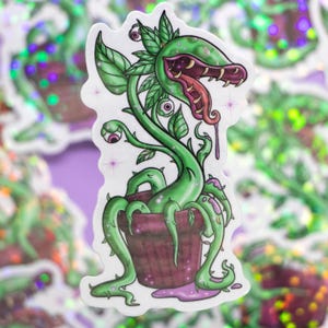 holographic vinyl sticker Venus flytrap, carnivorous plant, Dionaea muscipula, eating plant, with eyeballs