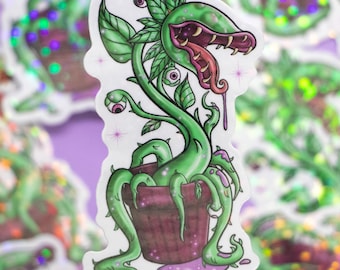 holographic vinyl sticker Venus flytrap, carnivorous plant, Dionaea muscipula, eating plant, with eyeballs