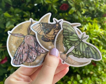 holographic vinyl sticker moths with moon phases, crescent moon , quarter moon, full moon