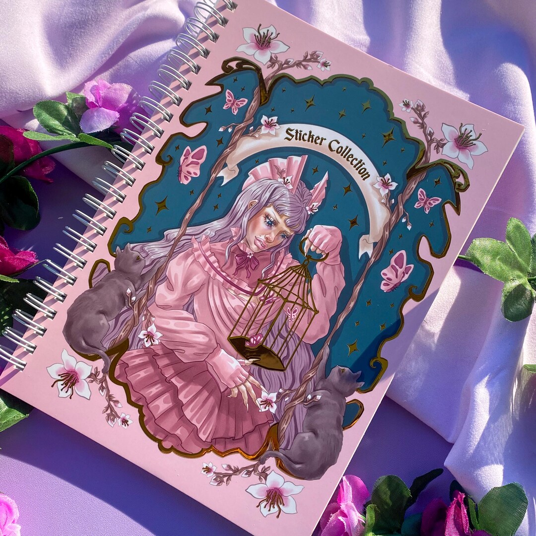 Pink Sticker Book Gold Foil Sakura Girl Butterflies Cats, A5