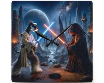 Epic Schnauzer Jedi Knight Lightsaber Battle - Acrylic Wall Clock