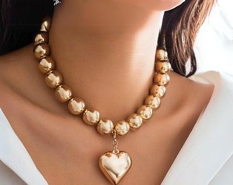 Heart necklace, gold heart necklace, puff heart pendant, ball chain with puffed heart, chunky heart chokerMother's Day Gift