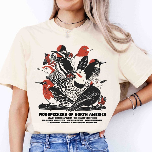 North American Woodpecker Shirt, Woodpecker T-Shirt, Sapsucker Design, Red-Headed Woodpecker, Northern Flicker, Acorn Pecker, Comfort Colors