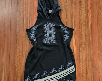 The Guillotine - Upcycled Block Printed Gothic Punk Hooded Tunic Mini Dress SZ L