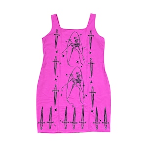 May include: A pink sleeveless dress with a black print of a skeletal figure with swords and stars.