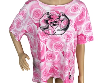 Rats Love Razorblades - Pink Graphic Rose Floral Block Printed T-shirt SZ 1X