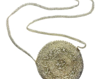 Hand-Beaded Gold Round Evening Bag Vintage-Inspired Purse with Chain Strap Glamorous Formal Clutch Crossbody Perfect for Special Occasions