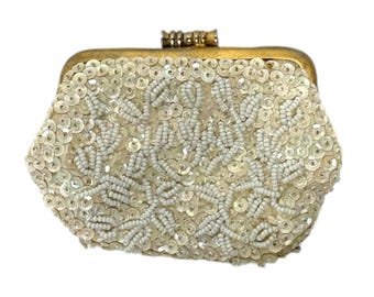 Rare and hard to find - Vintage Handmade Beaded Opalescent Sequin Safco Clutch - Small Formal Bag  Purse Gold tone Satin inside Lovely Piece