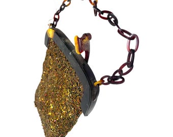 Vintage Beaded Evening Handbag with Tortoiseshell Chain Handle, Gold & Multi-Color Beadwork, Elegant Purse, Handmade Formal Bag-Unique Gift