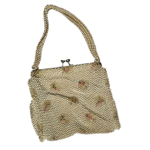 Vintage Beaded Handbag with Floral Design, Handmade-Satin Lining, Metallic Frame, Clasp Closure, Beaded Handle-Perfect for Special Occasions