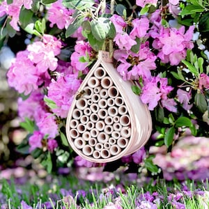 May include: A pink ceramic bee house shaped like a teardrop hanging from a branch of a flowering bush. The bee house has many small holes for bees to nest in.