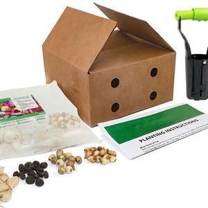 May include: A gardening kit with a brown cardboard box, a green and black planting tool, a bag of bulbs, and a sheet of planting instructions.