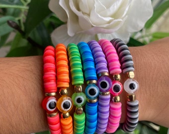 Clay bead bracelets with multi-coloured evil eyes! For 12+