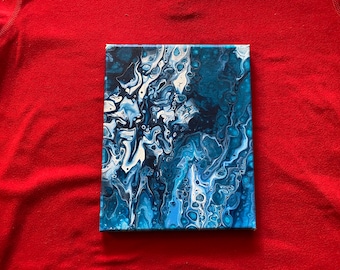Acrylic Pour-and-Spin Abstract Painting (Black, Blue, and White)
