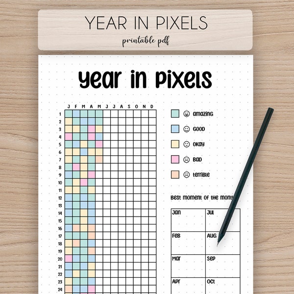 Printable Yearly Tracker Template · Mood Tracker · Bullet Journal Page · Blank Year in Pixel Grid · Printable A5 A4 Journal Insert · PDF