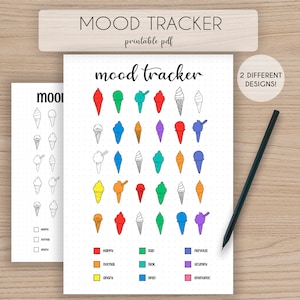 2 Mood Tracker-sjabloon · Ice Cream Bullet Journal-pagina · Lege maandsjabloon · Afdrukbaar A5 A4-inzetstuk · Stemmingsgrafiek · Stemmingslogboek · PDF