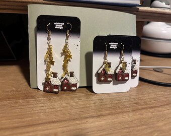 Gingie Houses | dimensional, hand-sculpted | elegant statement earrings | holiday dangle earrings | polymer clay